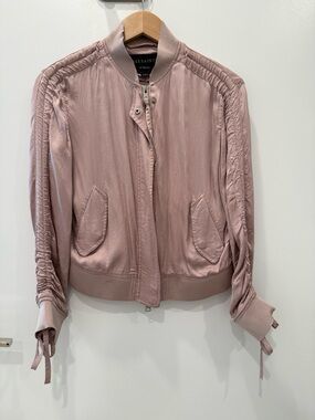 AllSaints Silk Blend Bomber Jacket Blush Pink Ruched Sleeve XS